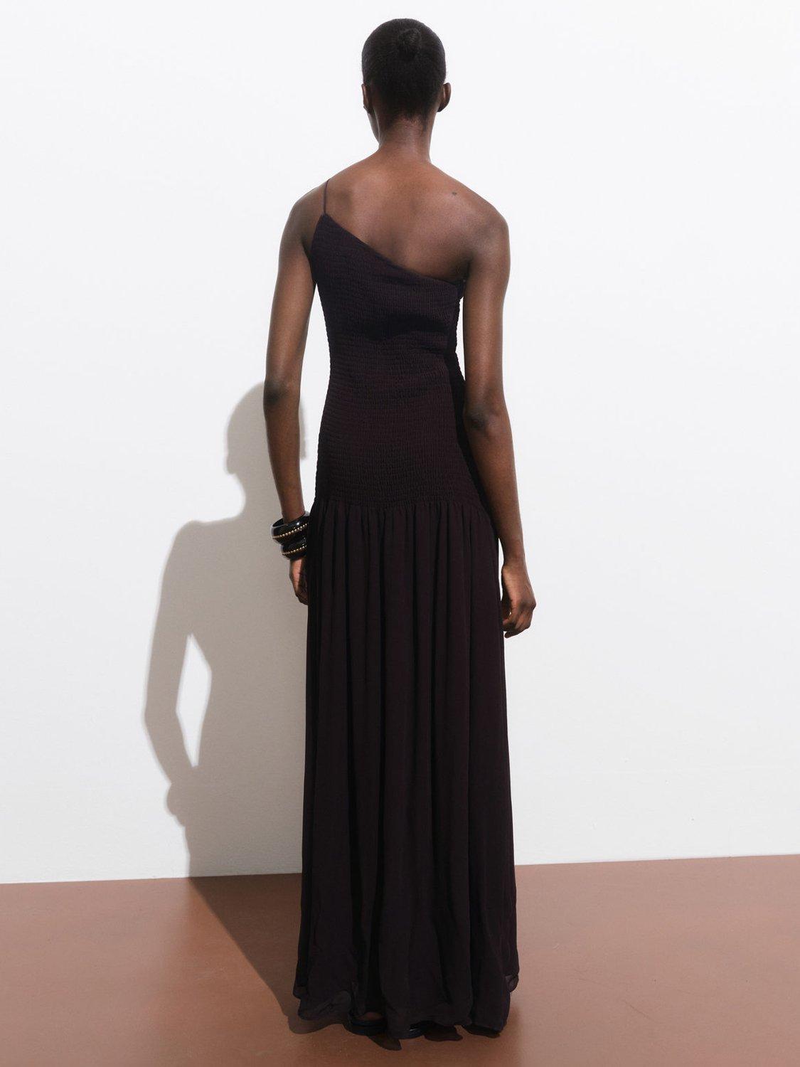Product image 4 of 7, which shows Mango Leia Asymmetric Drop Waist Dress, Dark Brown, 10