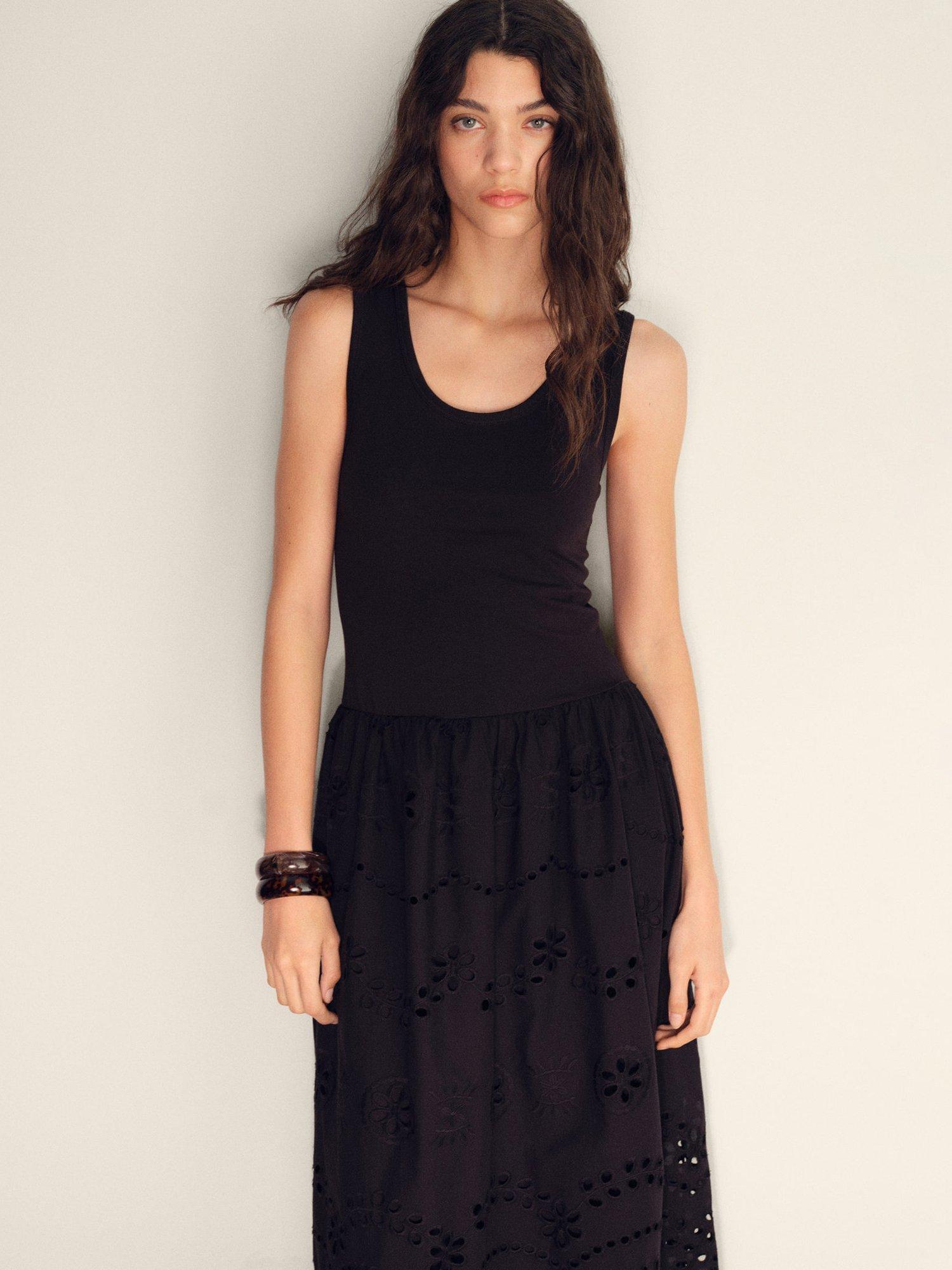 Product image 1 of 8, which shows Mango Toad Embroidered Cut Out Midi Dress, Black, 10