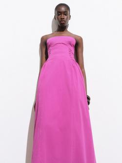 Mango Wispa Gathered Side Strapless Midi Dress, Bright Pink, Bright Pink