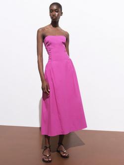 Mango Wispa Gathered Side Strapless Midi Dress, Bright Pink - view 2, Bright Pink