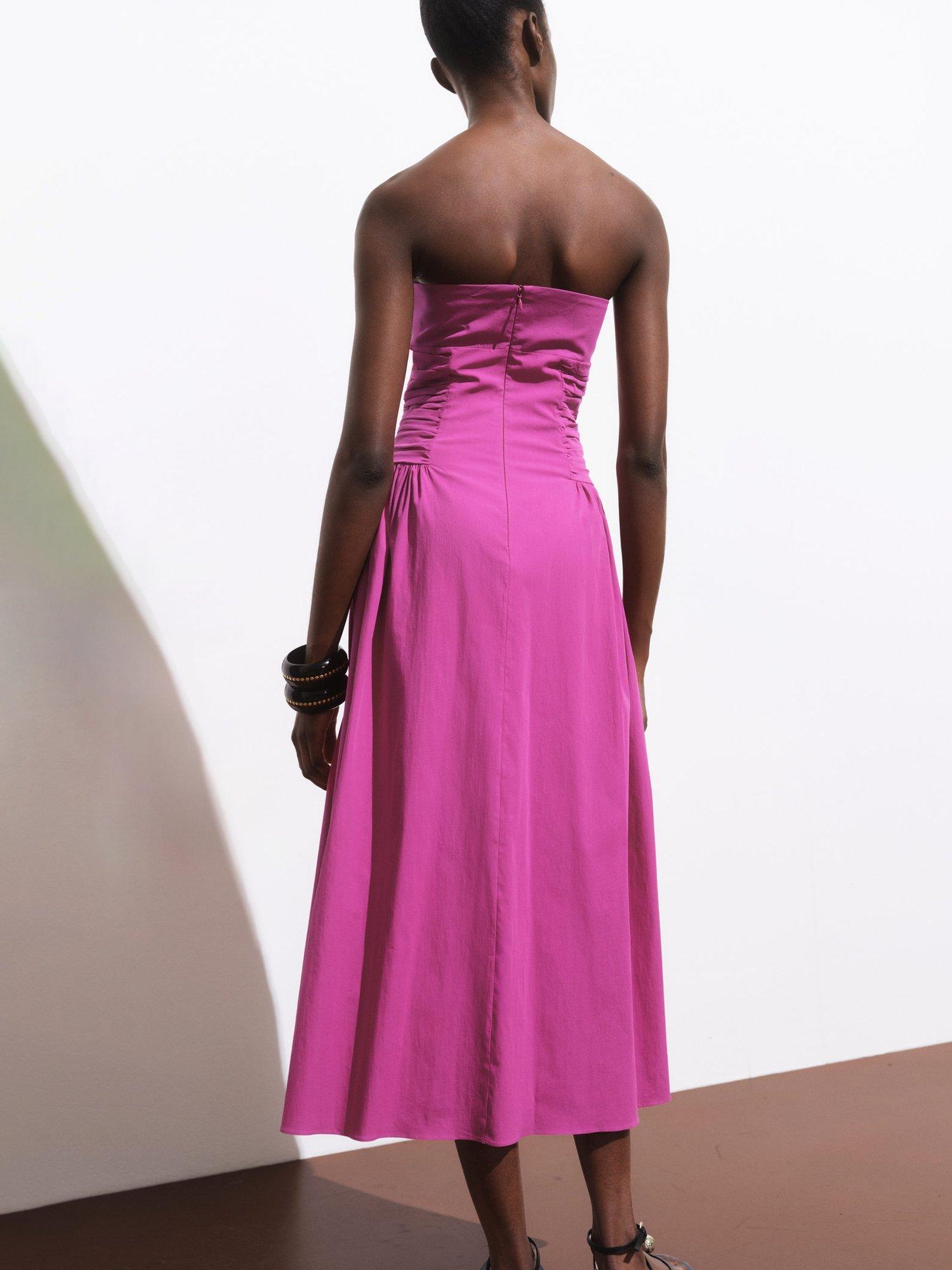 Product image 4 of 7, which shows Mango Wispa Gathered Side Strapless Midi Dress, Bright Pink, 10