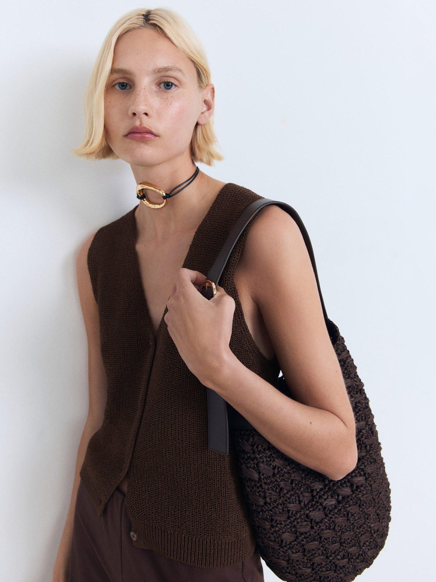 Product image 1 of 7, which shows Mango Paloma Cotton Blend Openwork Knitted V Neck Waistcoat, Dark Brown, S