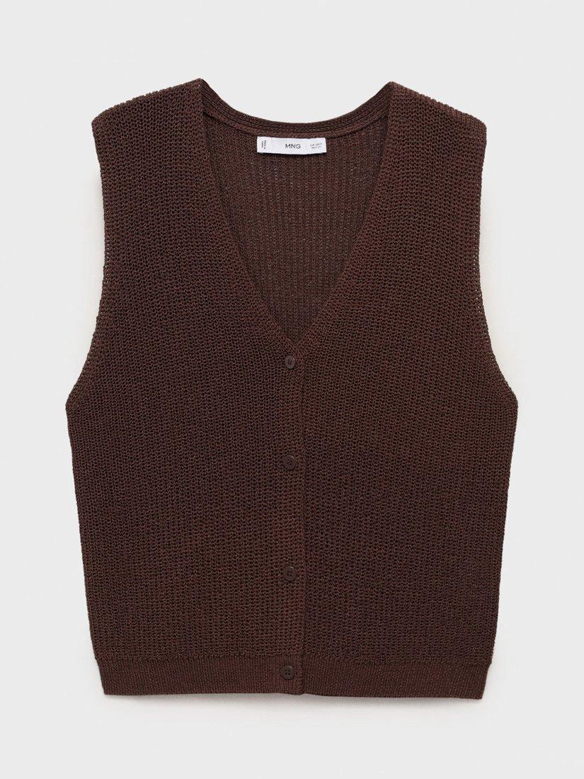 Product image 3 of 7, which shows Mango Paloma Cotton Blend Openwork Knitted V Neck Waistcoat, Dark Brown, S