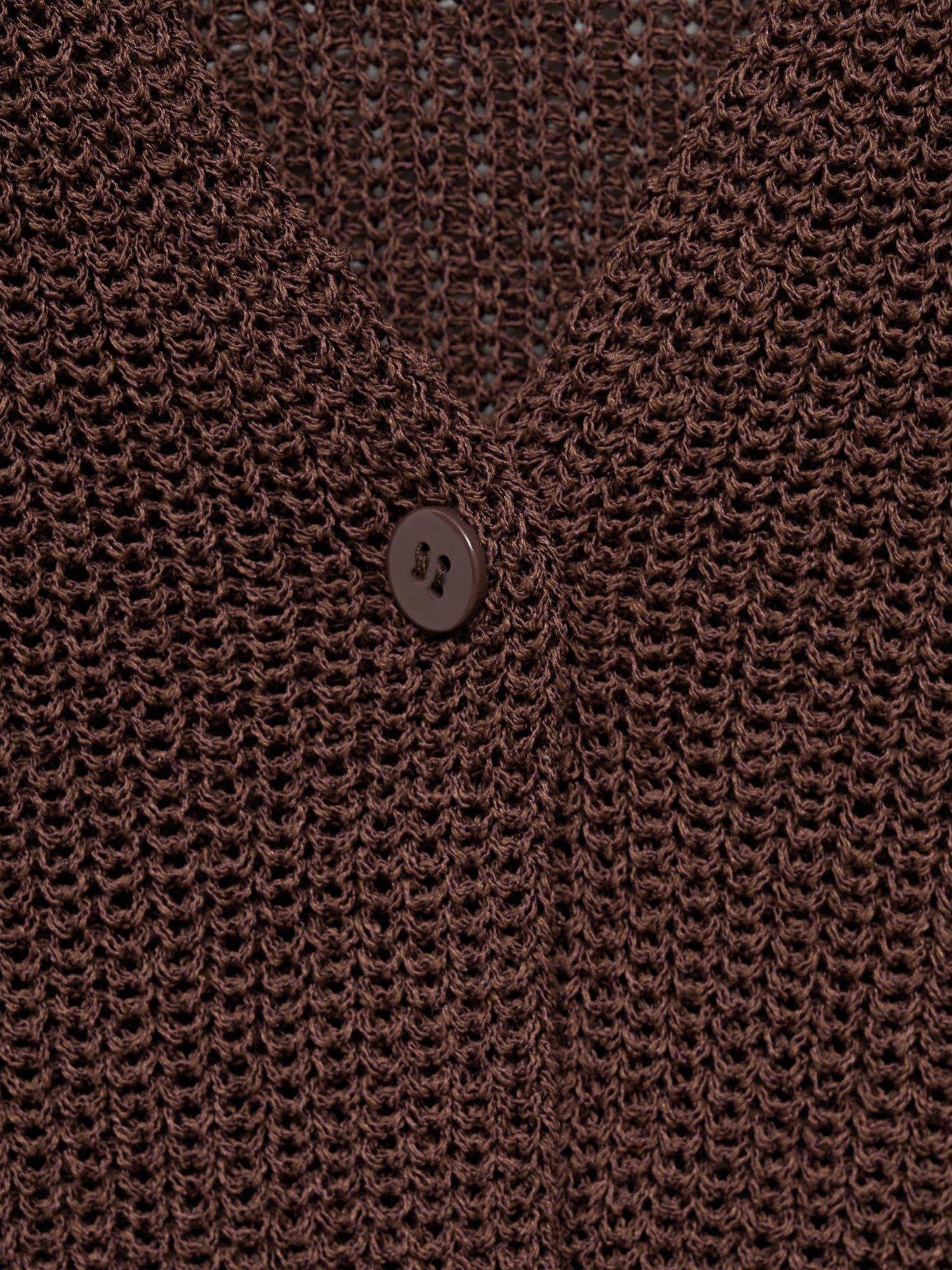 Product image 7 of 7, which shows Mango Paloma Cotton Blend Openwork Knitted V Neck Waistcoat, Dark Brown, S