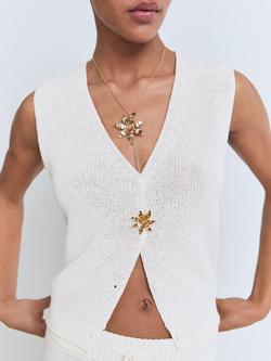 Mango Paloma Cotton Blend Openwork Knitted V Neck Waistcoat, White