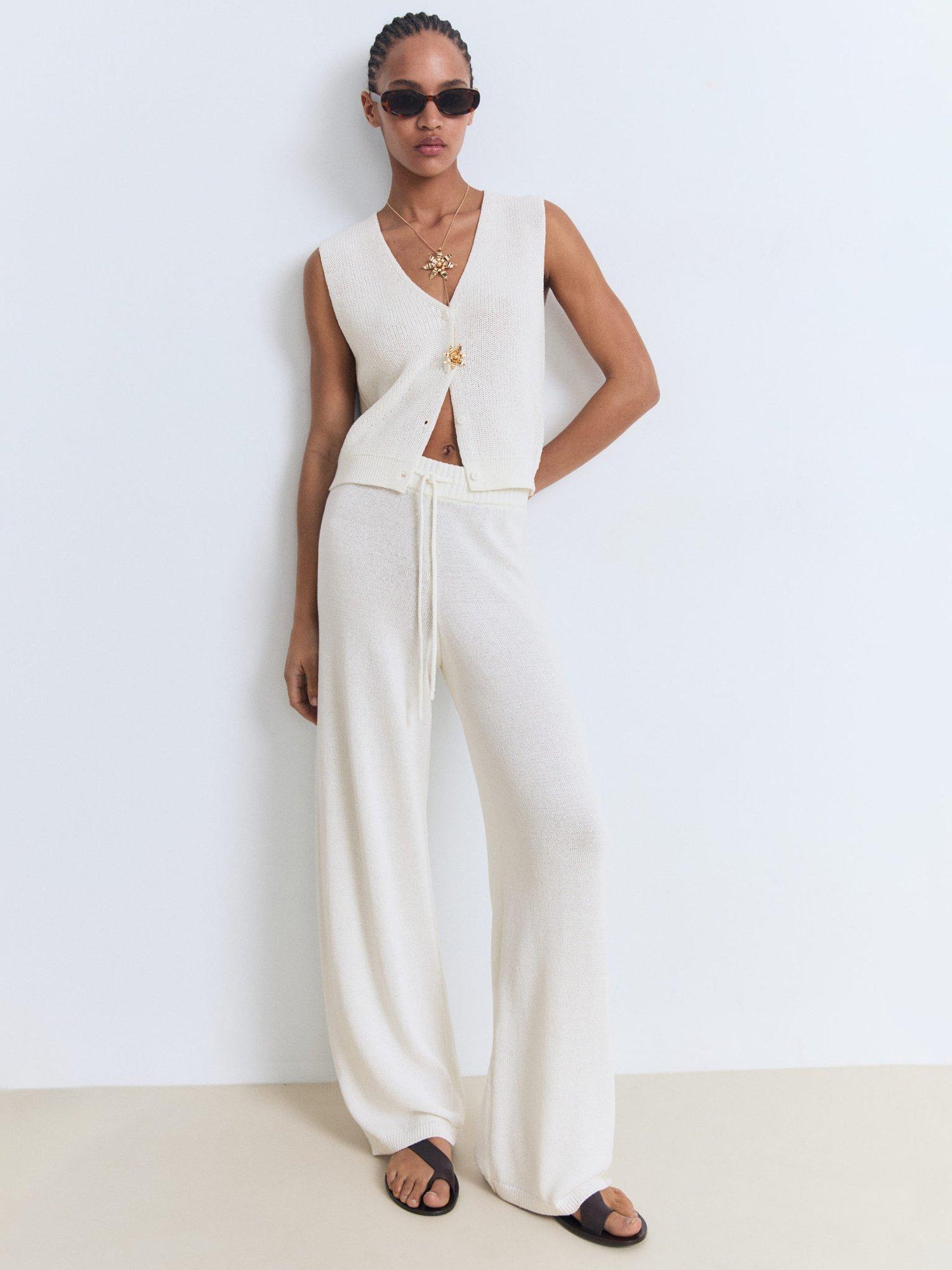 Product image 2 of 8, which shows Mango Paloma Cotton Blend Openwork Knitted V Neck Waistcoat, White, XS