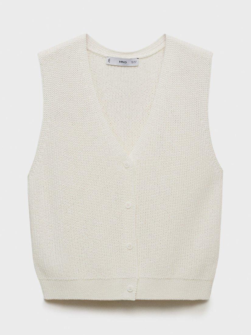 Product image 3 of 8, which shows Mango Paloma Cotton Blend Openwork Knitted V Neck Waistcoat, White, XS
