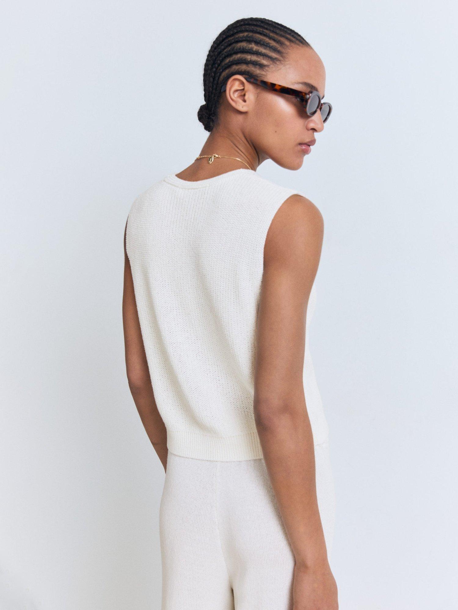 Product image 4 of 8, which shows Mango Paloma Cotton Blend Openwork Knitted V Neck Waistcoat, White, XS