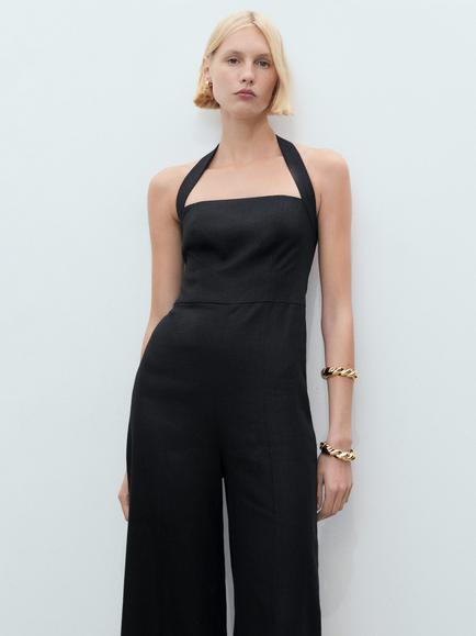 Mango Jumy Linen Halterneck Sleeveless Wide Leg Jumpsuit, Black