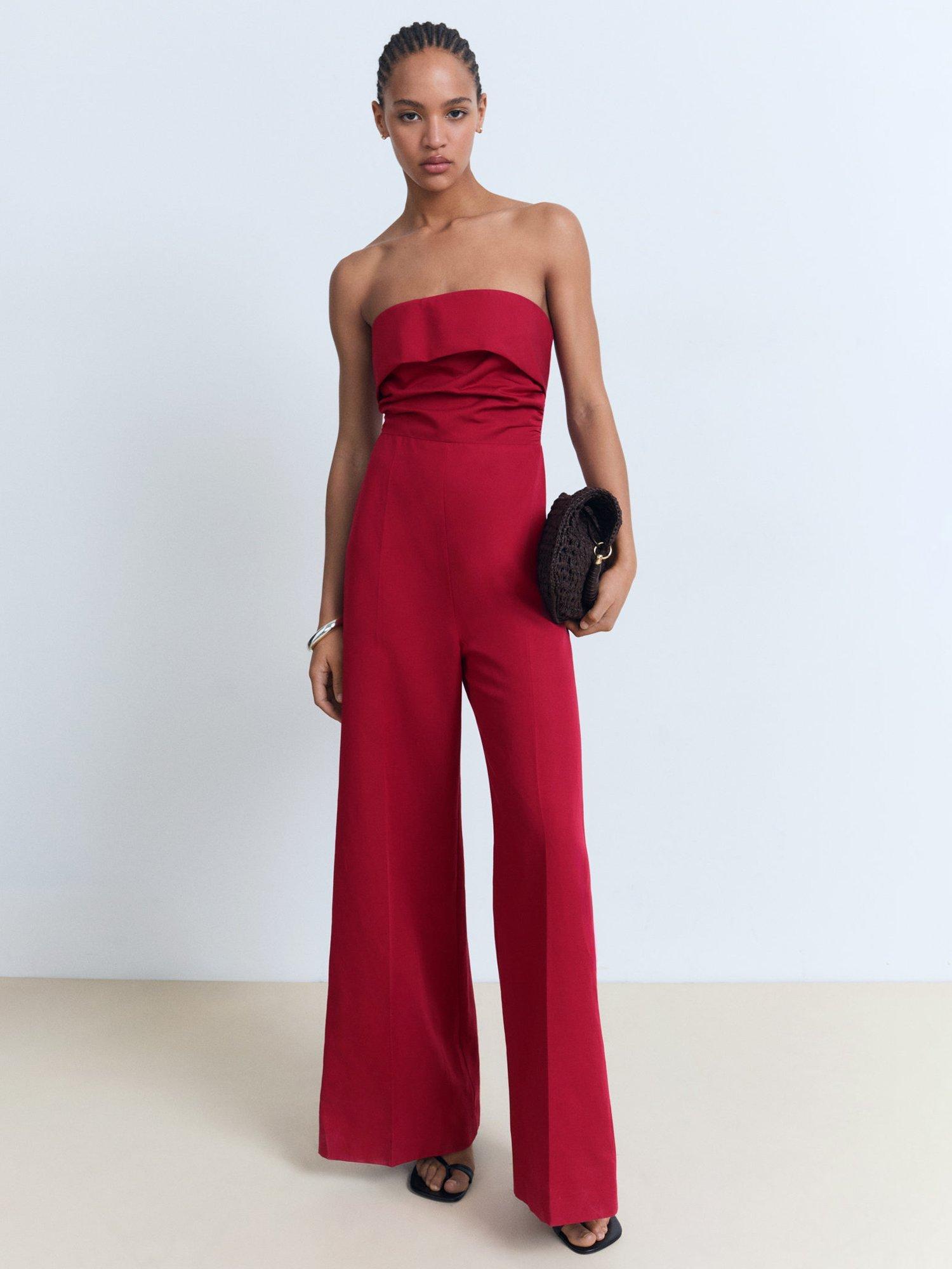 Product image 2 of 8, which shows Mango Sinsun Frill Detail Strapless Jumpsuit, Red, L