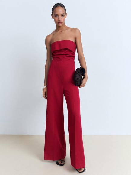 Mango Sinsun Frill Detail Strapless Jumpsuit, Red - view 2, Red