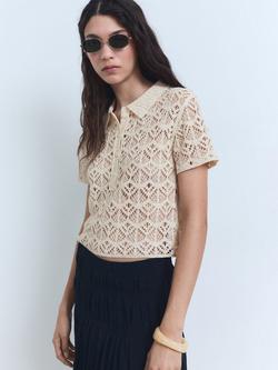 Mango Bermuda Cotton Short Sleeved Crochet Sweater, Light Beige