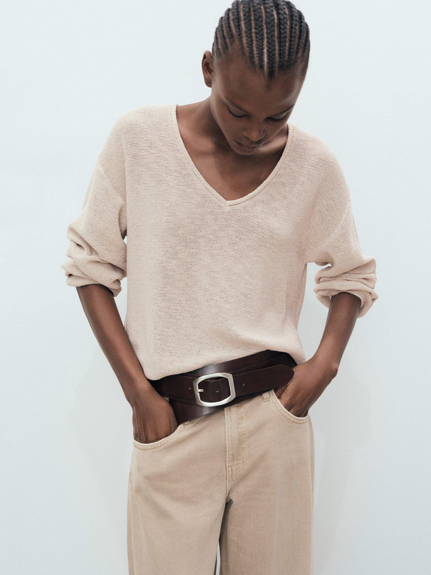 Product image 1 of 7, which shows Mango Faro Cotton Blend  V Neck Knit Sweater , Light Beige, L