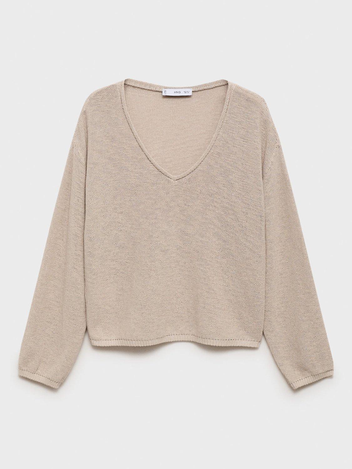 Product image 3 of 7, which shows Mango Faro Cotton Blend  V Neck Knit Sweater , Light Beige, L