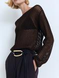 Mango Nairobi Round Neck Crochet Jumper, Dark Brown