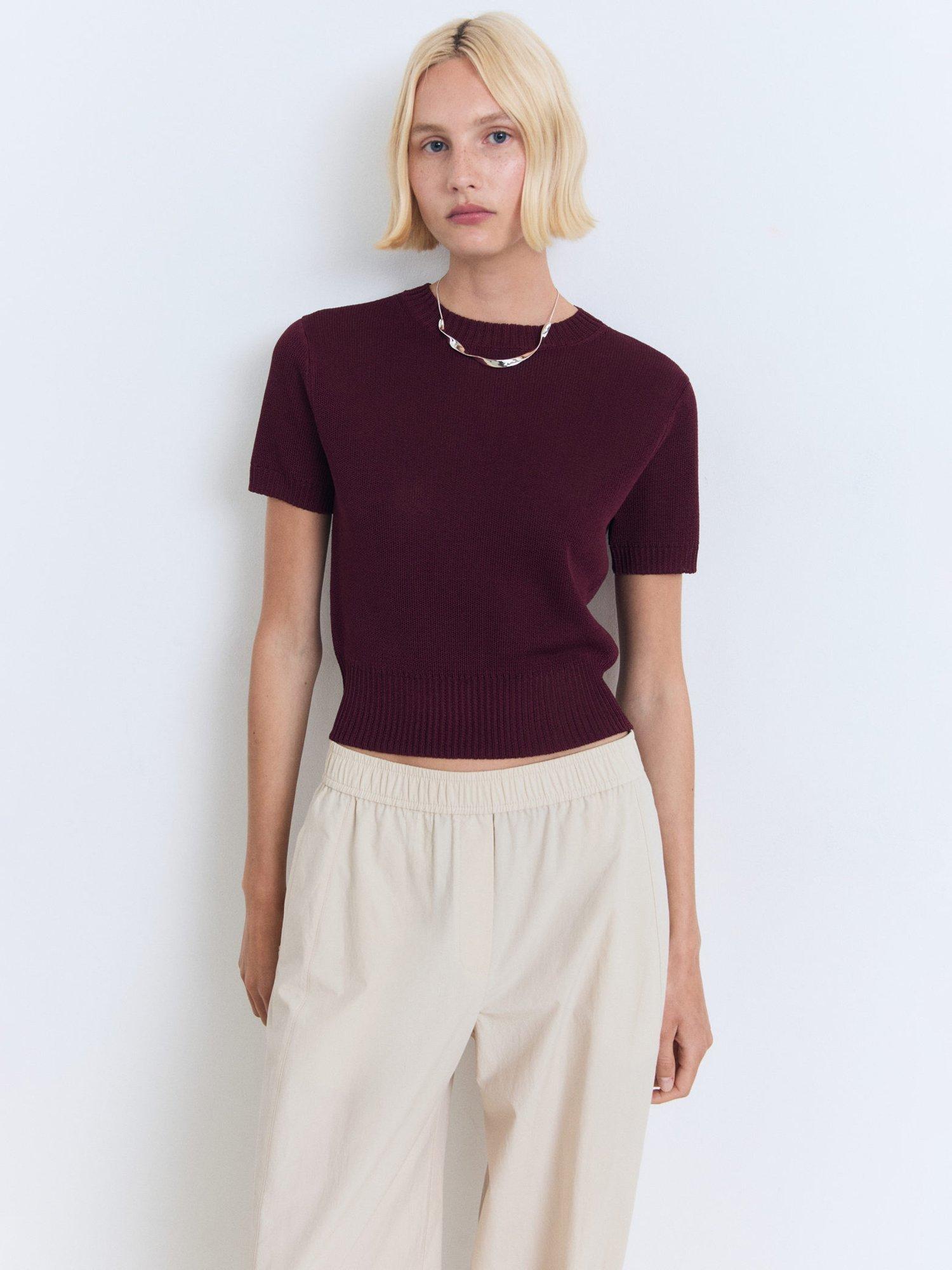Product image 1 of 4, which shows Mango Romeo Short Sleeve Crop Jumper, Dark Red, L