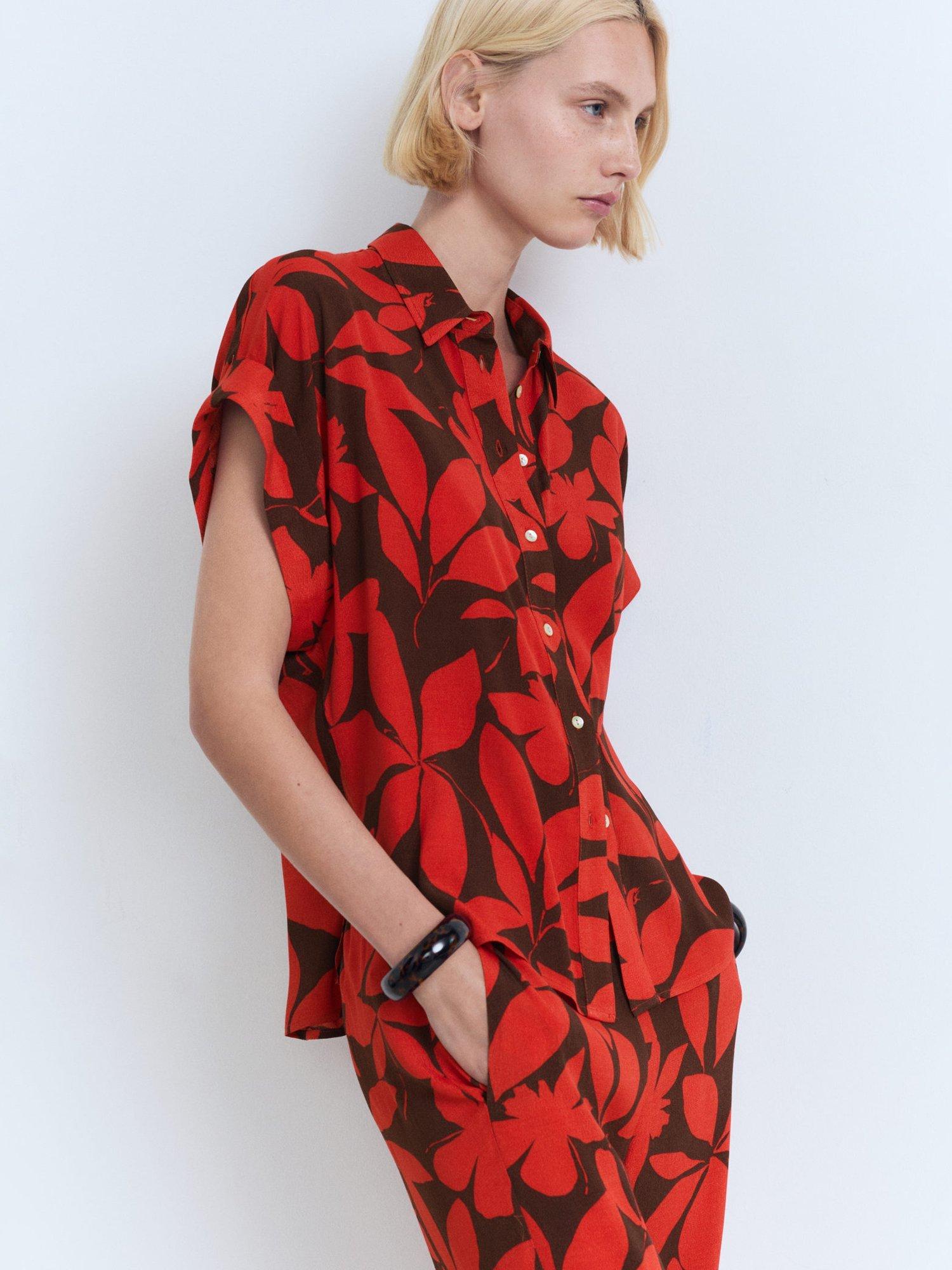 Product image 1 of 9, which shows Mango Ibiza Leaf Print Shirt, Red, 10