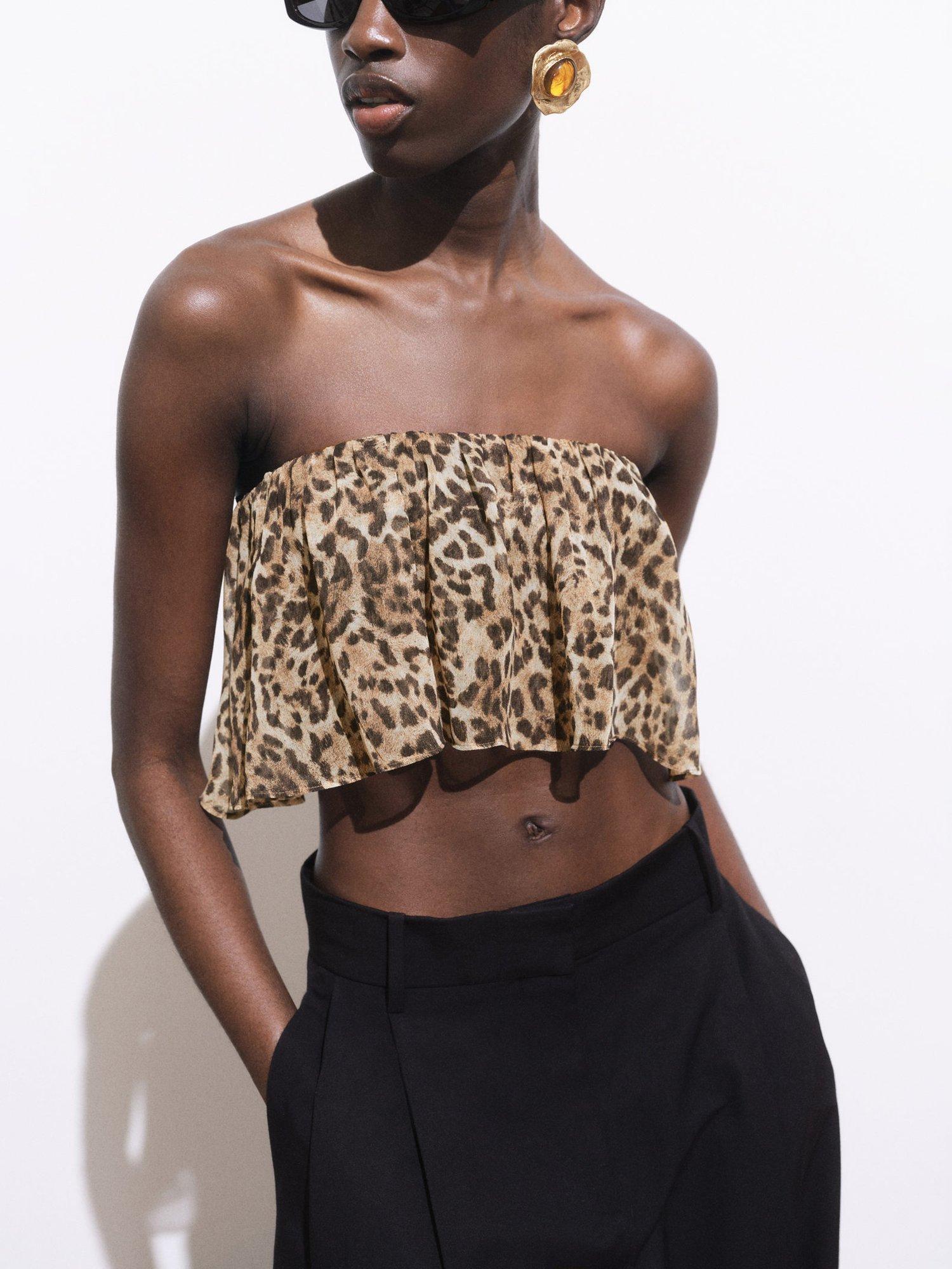 Product image 1 of 7, which shows Mango Laure Animal Print Ruffle Bandeau Top, Brown, L