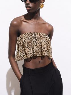 Mango Laure Animal Print Ruffle Bandeau Top, Brown, Brown