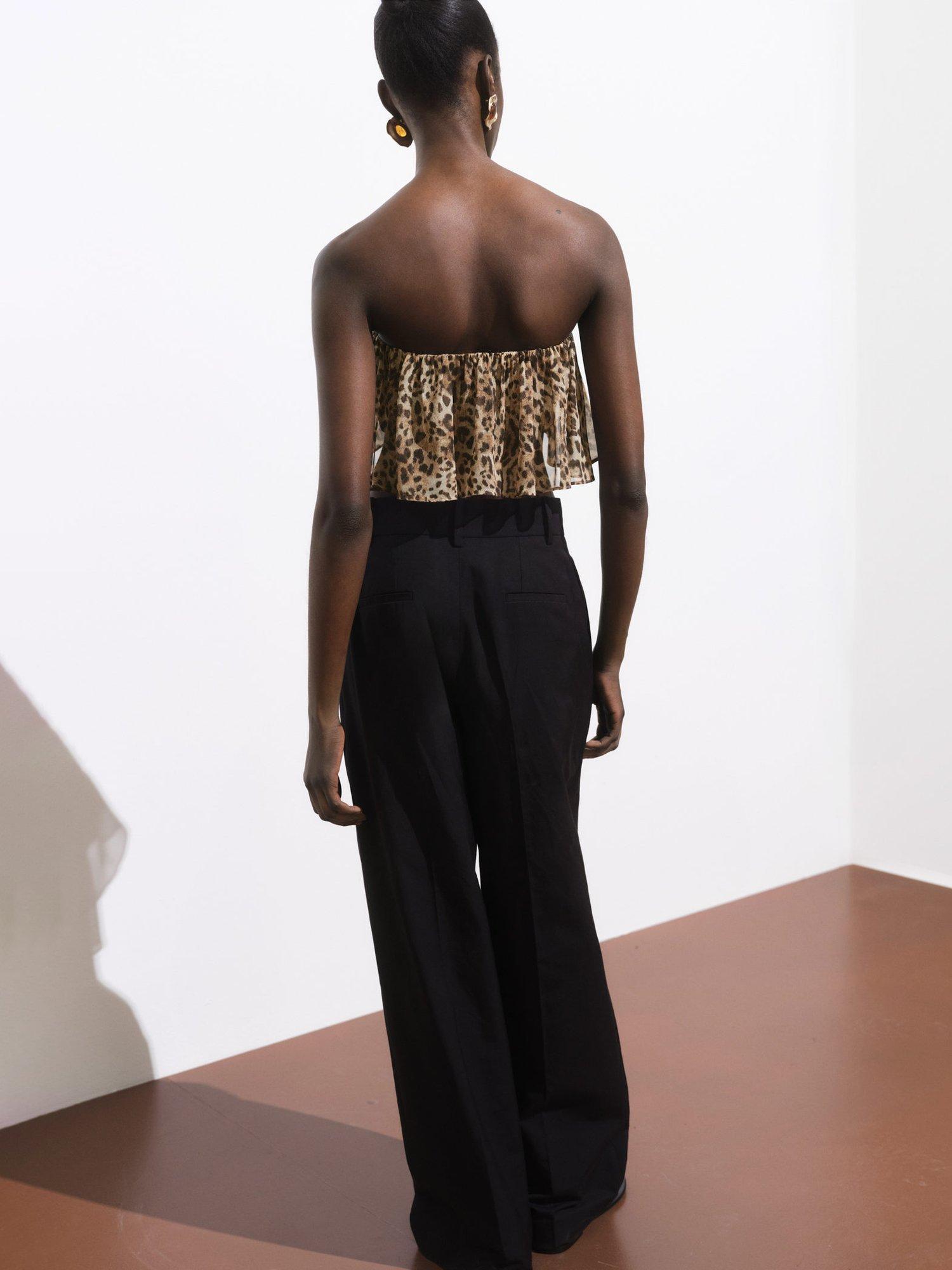 Product image 4 of 7, which shows Mango Laure Animal Print Ruffle Bandeau Top, Brown, L