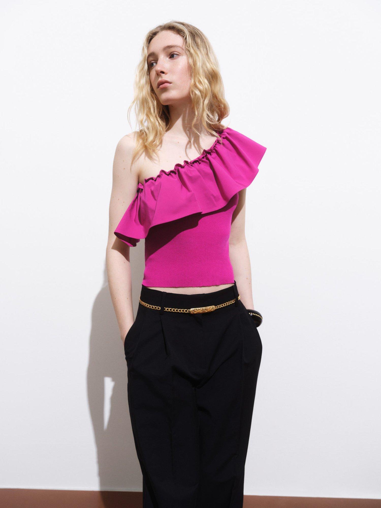 Product image 1 of 6, which shows Mango Ramona Ruffle Frill Asymmetric Top, Bright Pink, L