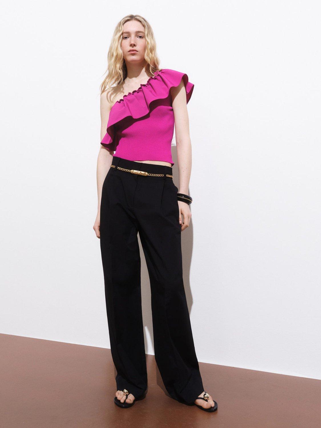 Product image 2 of 6, which shows Mango Ramona Ruffle Frill Asymmetric Top, Bright Pink, L