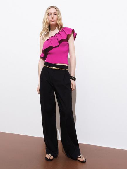 Mango Ramona Ruffle Frill Asymmetric Top, Bright Pink - view 2, Bright Pink