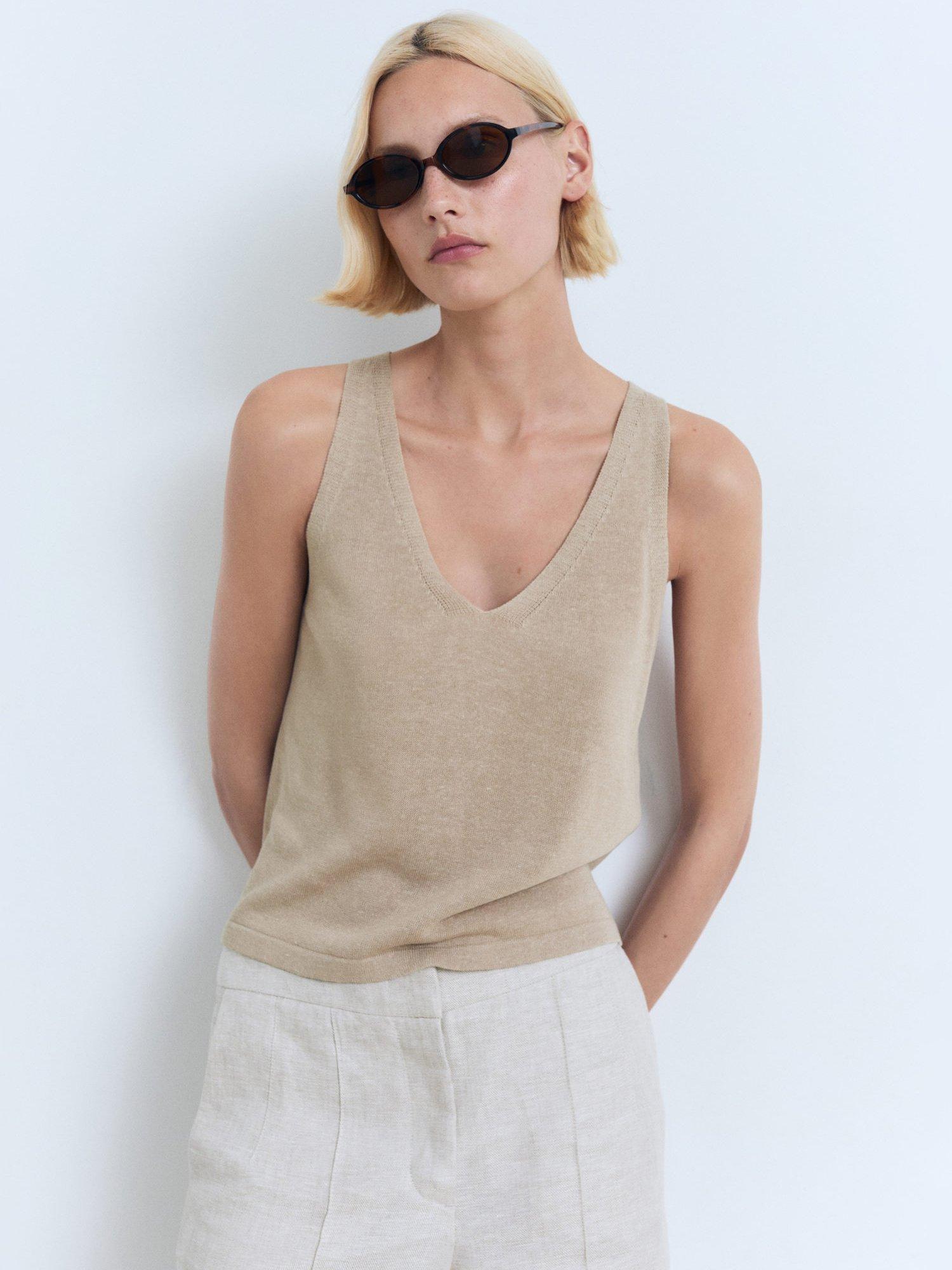 Product image 1 of 7, which shows Mango Vella V-Neck Fine Knit Top, Pastel Grey, XS