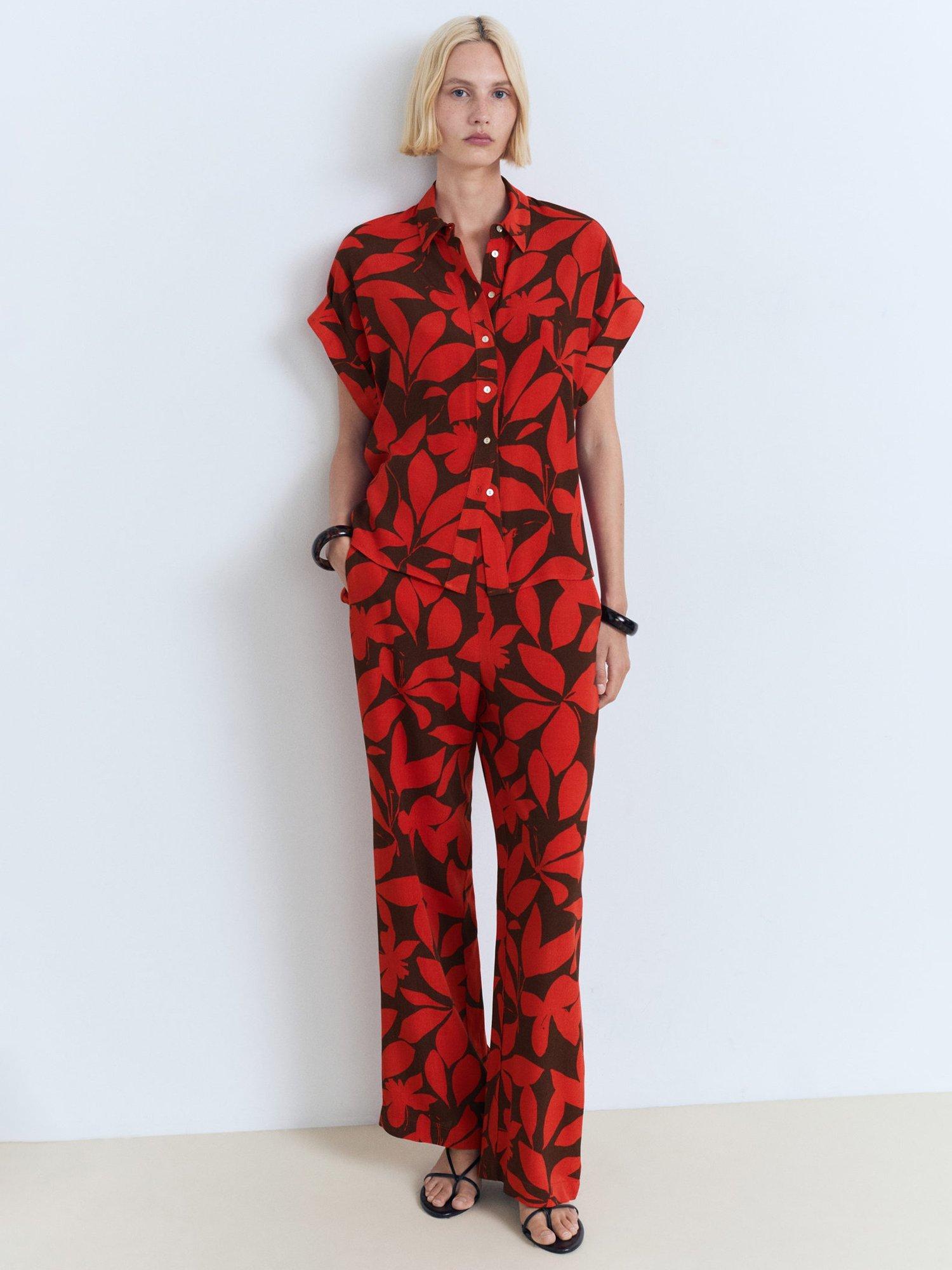 Product image 2 of 9, which shows Mango Ibiza Leaf Print Trousers, Red, S