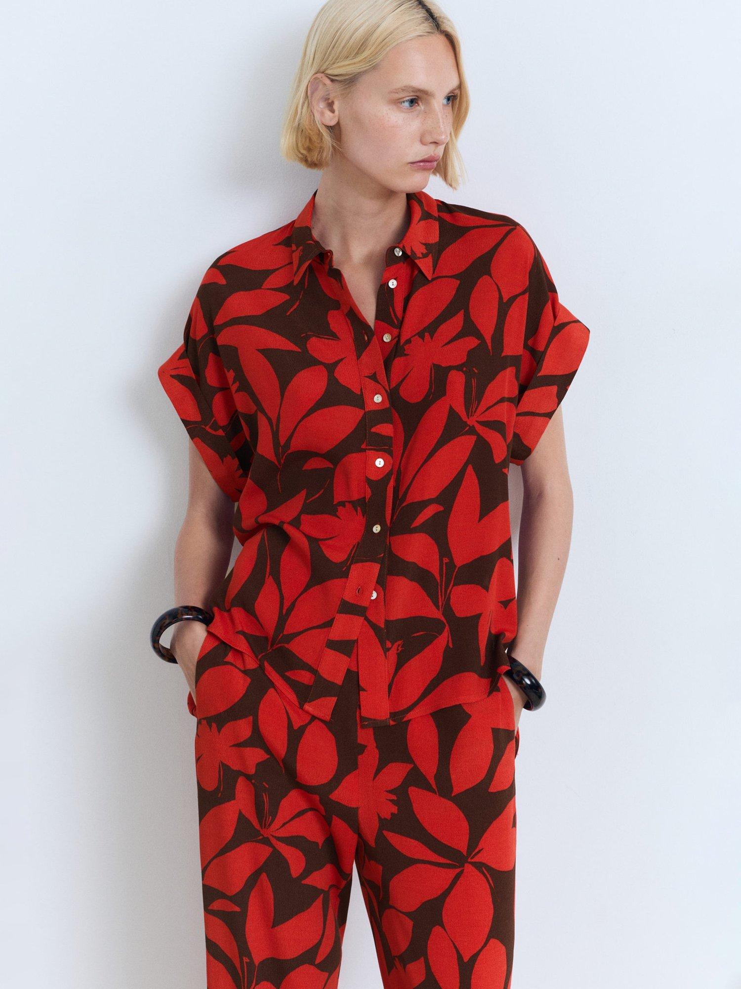 Product image 6 of 9, which shows Mango Ibiza Leaf Print Trousers, Red, S