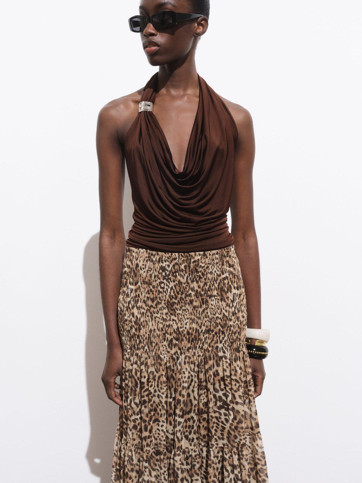 Product image 1 of 7, which shows Mango Alare Metallic Stud Drape Top, Dark Brown, L