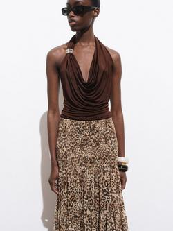 Mango Alare Metallic Stud Drape Top, Dark Brown, Dark Brown