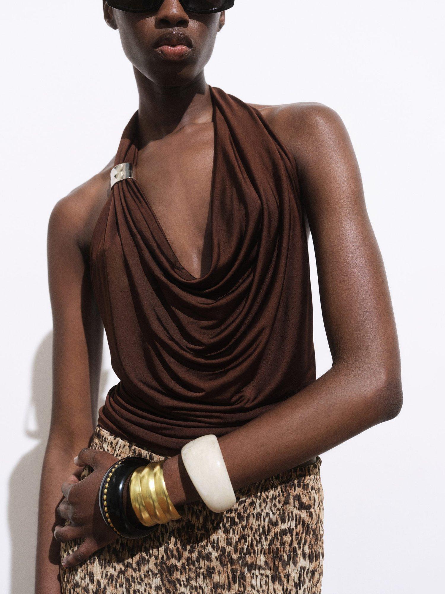 Product image 6 of 7, which shows Mango Alare Metallic Stud Drape Top, Dark Brown, L