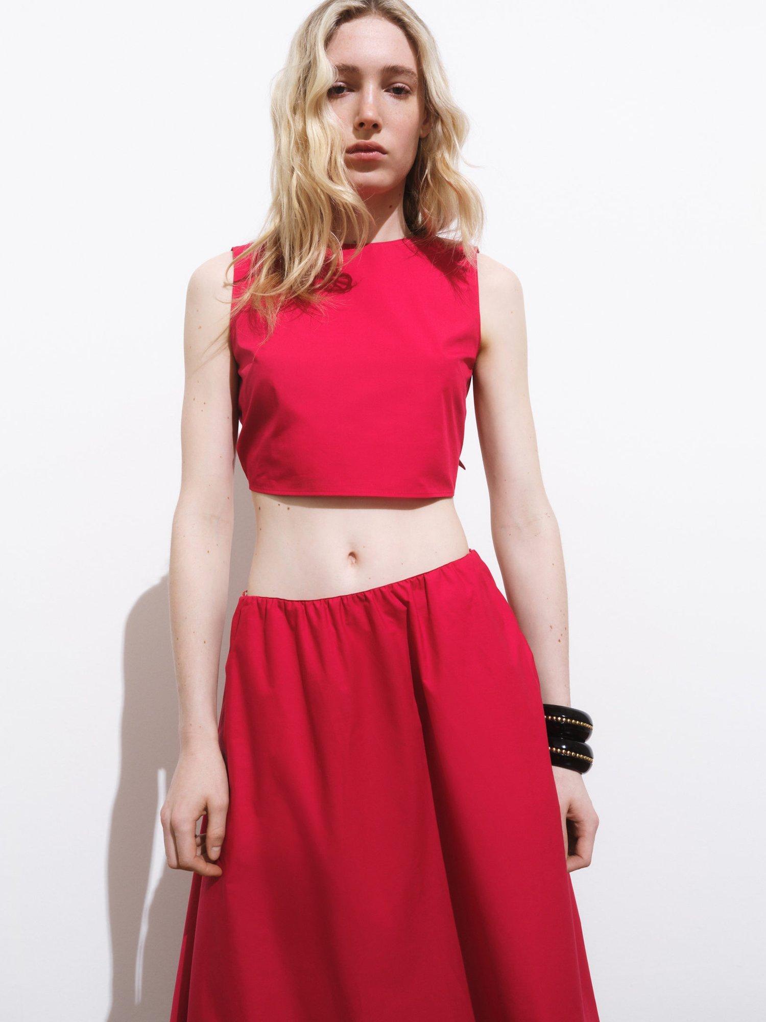 Product image 1 of 7, which shows Mango Creta Knot Back Crop Top, Red, L