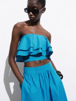 Mango Daiquiri Cotton Sleeveless Bandeau Neck Crop Top, Medium Blue