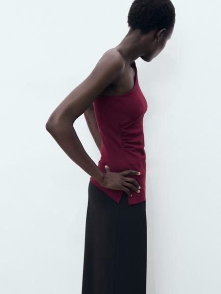 Mango David Asymmetric Drape Top, Dark Red