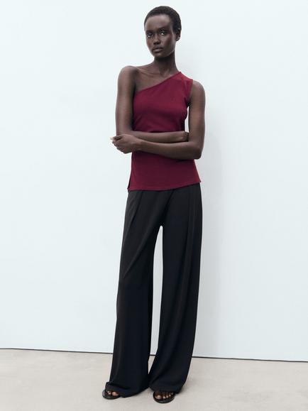 Mango David Asymmetric Drape Top - view 2, Dark Red