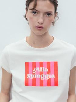 Mango Illustra Alla Spiaggia T-Shirt, Neutral/Red, Neutral/Red