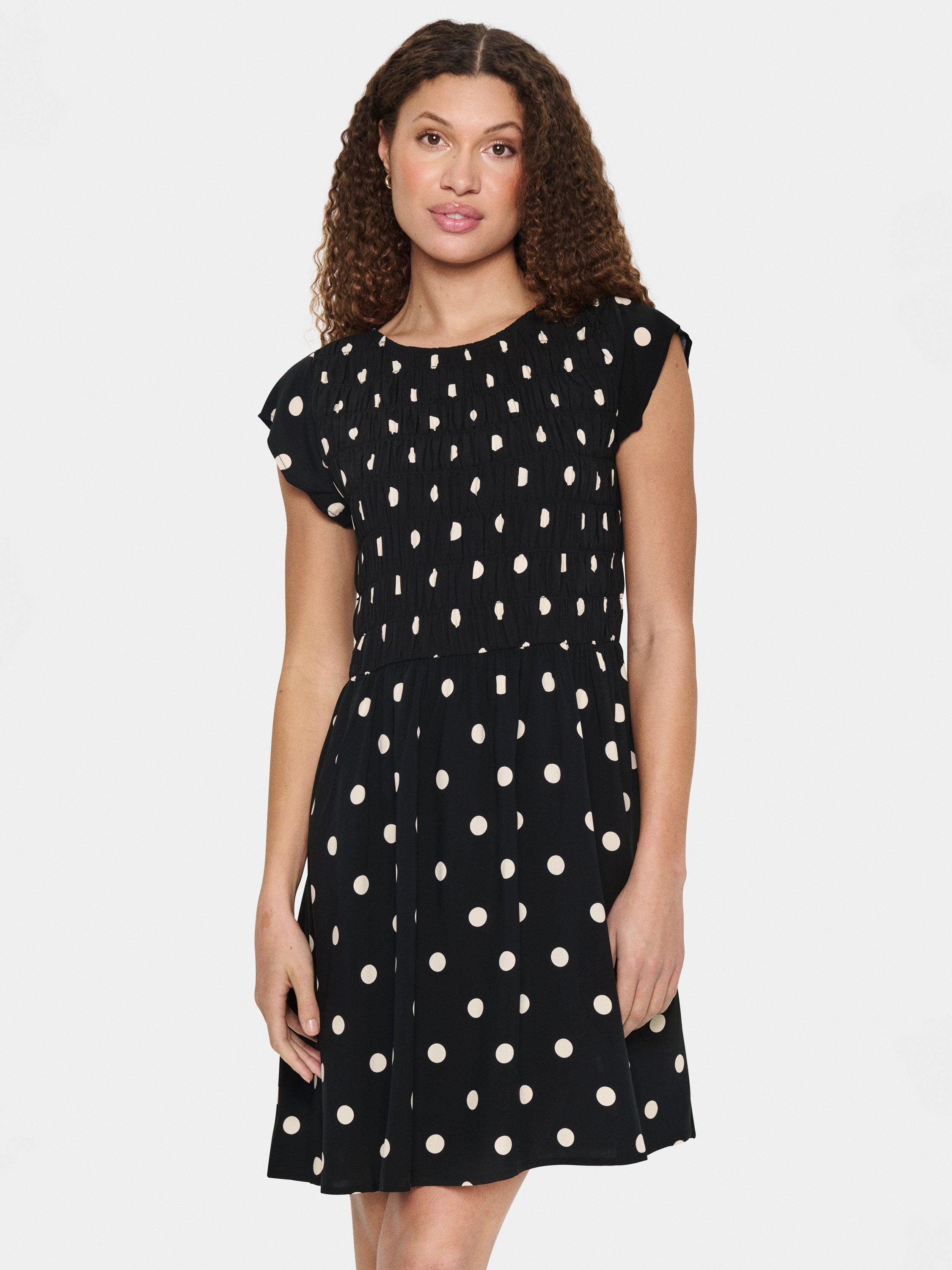 Product image 1 of 6, which shows Saint Tropez Gisla Polka Dot Crew Neck Mini Dress, Black/Multi, XS