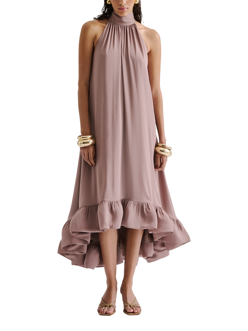 Product image 1 of 4, which shows Malina Sabrina Ruffle Hem Midi Dress, Taupe, XXS