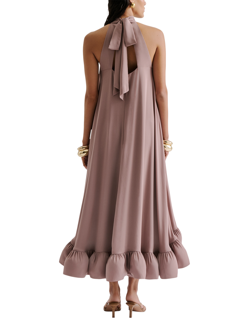Product image 2 of 4, which shows Malina Sabrina Ruffle Hem Midi Dress, Taupe, XXS