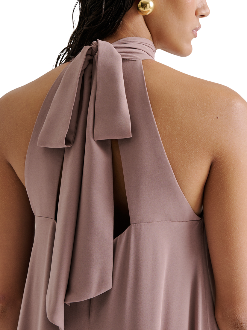 Product image 3 of 4, which shows Malina Sabrina Ruffle Hem Midi Dress, Taupe, XXS