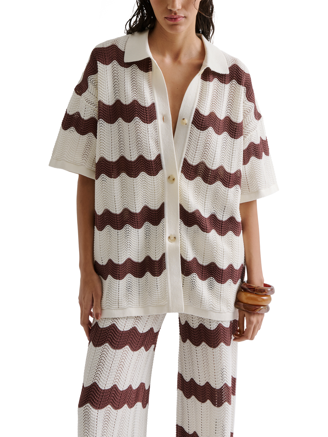 Product image 1 of 5, which shows Malina Alana Chevron Stripe Knit Shirt, Brown/White, XS