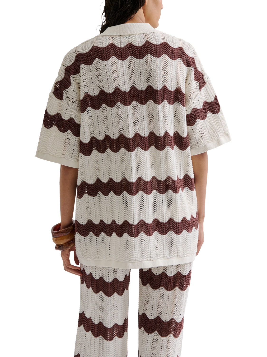Product image 2 of 5, which shows Malina Alana Chevron Stripe Knit Shirt, Brown/White, XS