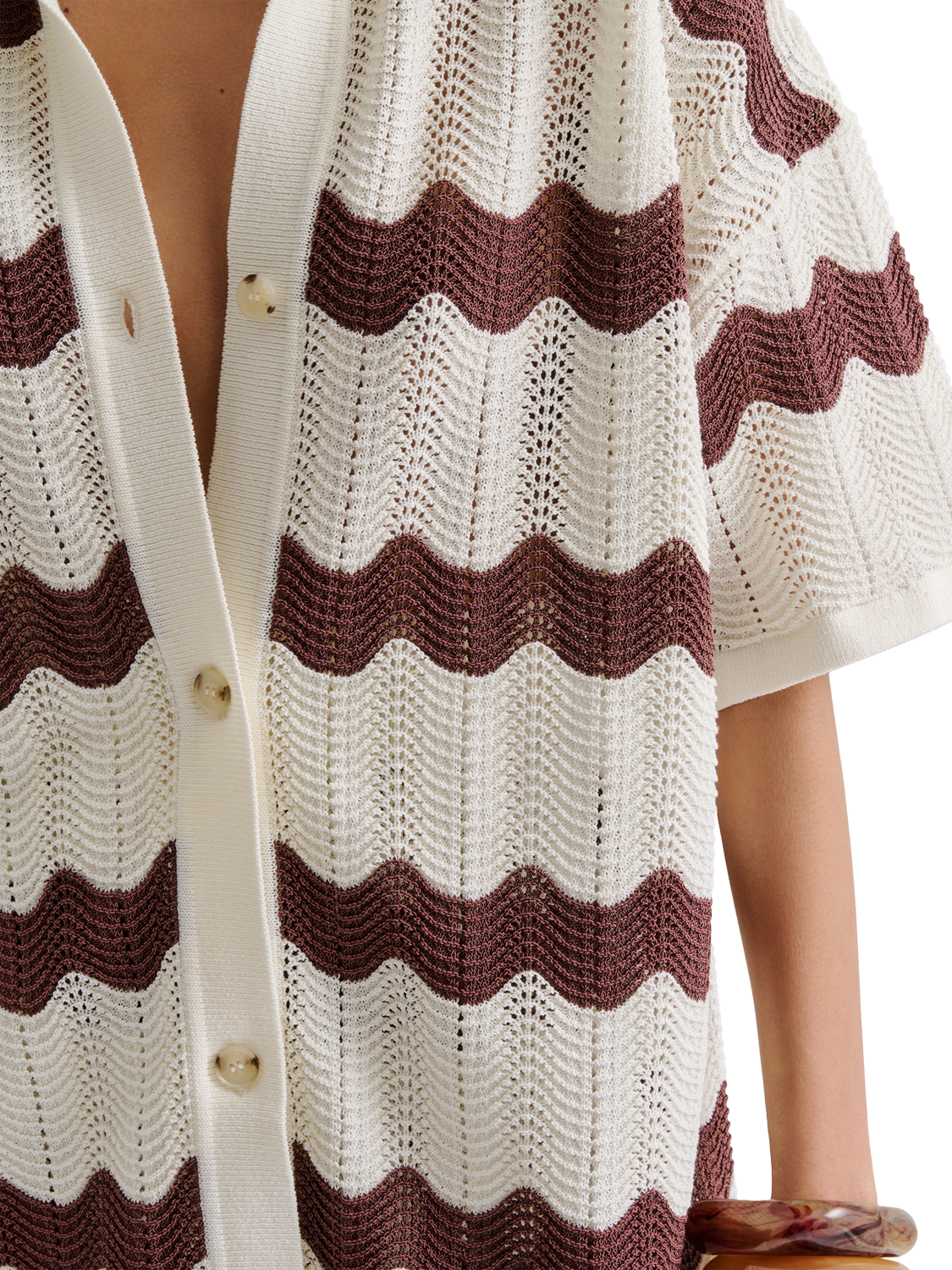 Product image 4 of 5, which shows Malina Alana Chevron Stripe Knit Shirt, Brown/White, XS
