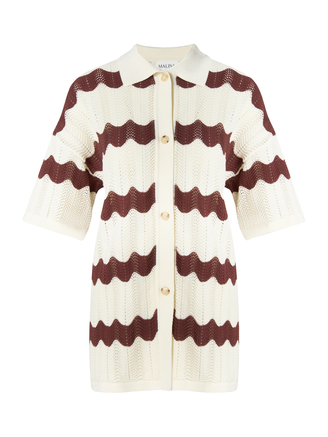 Product image 5 of 5, which shows Malina Alana Chevron Stripe Knit Shirt, Brown/White, XS