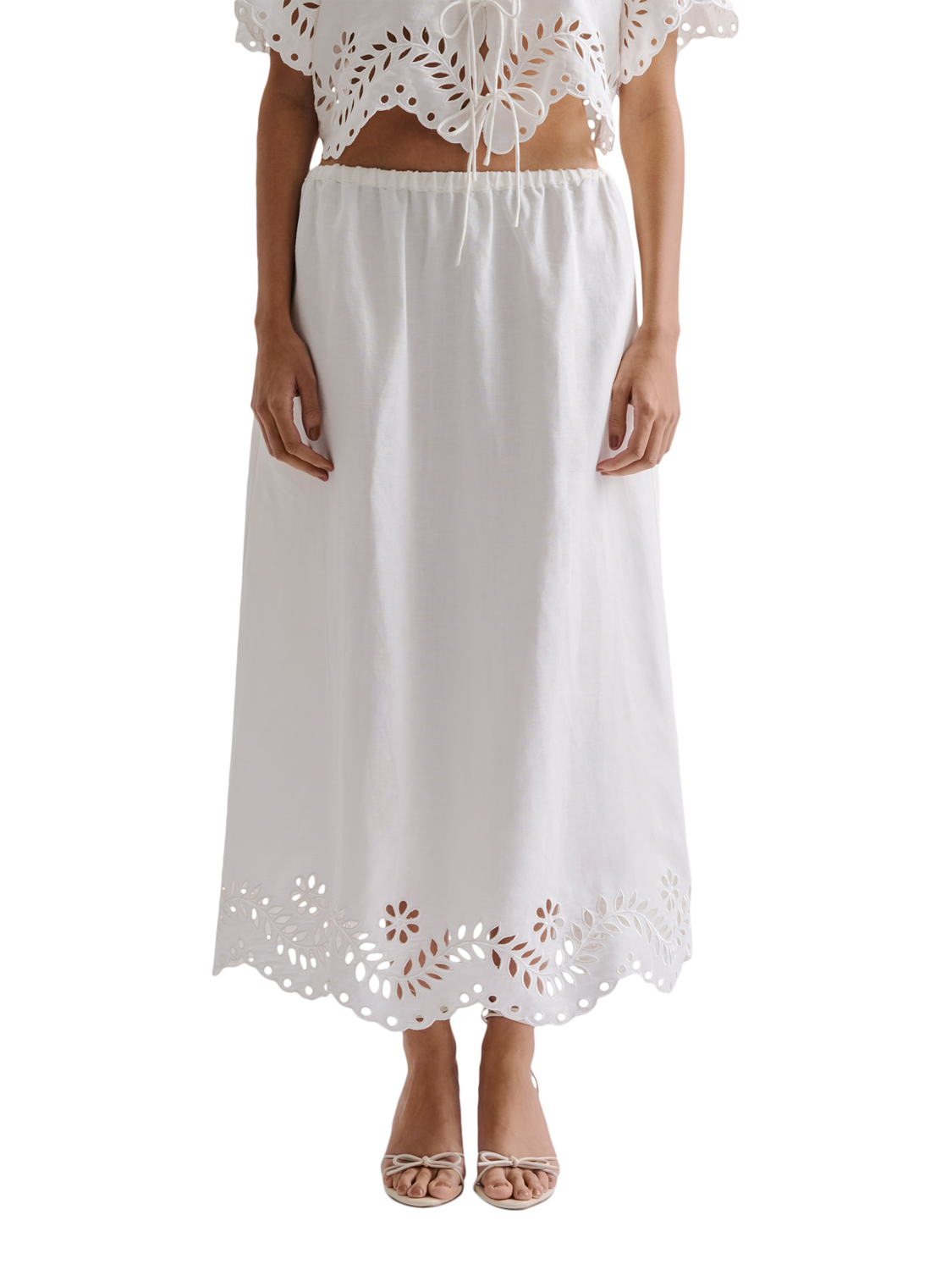 Product image 1 of 5, which shows Malina Chara Broderie Anglaise Maxi Skirt, White, 6