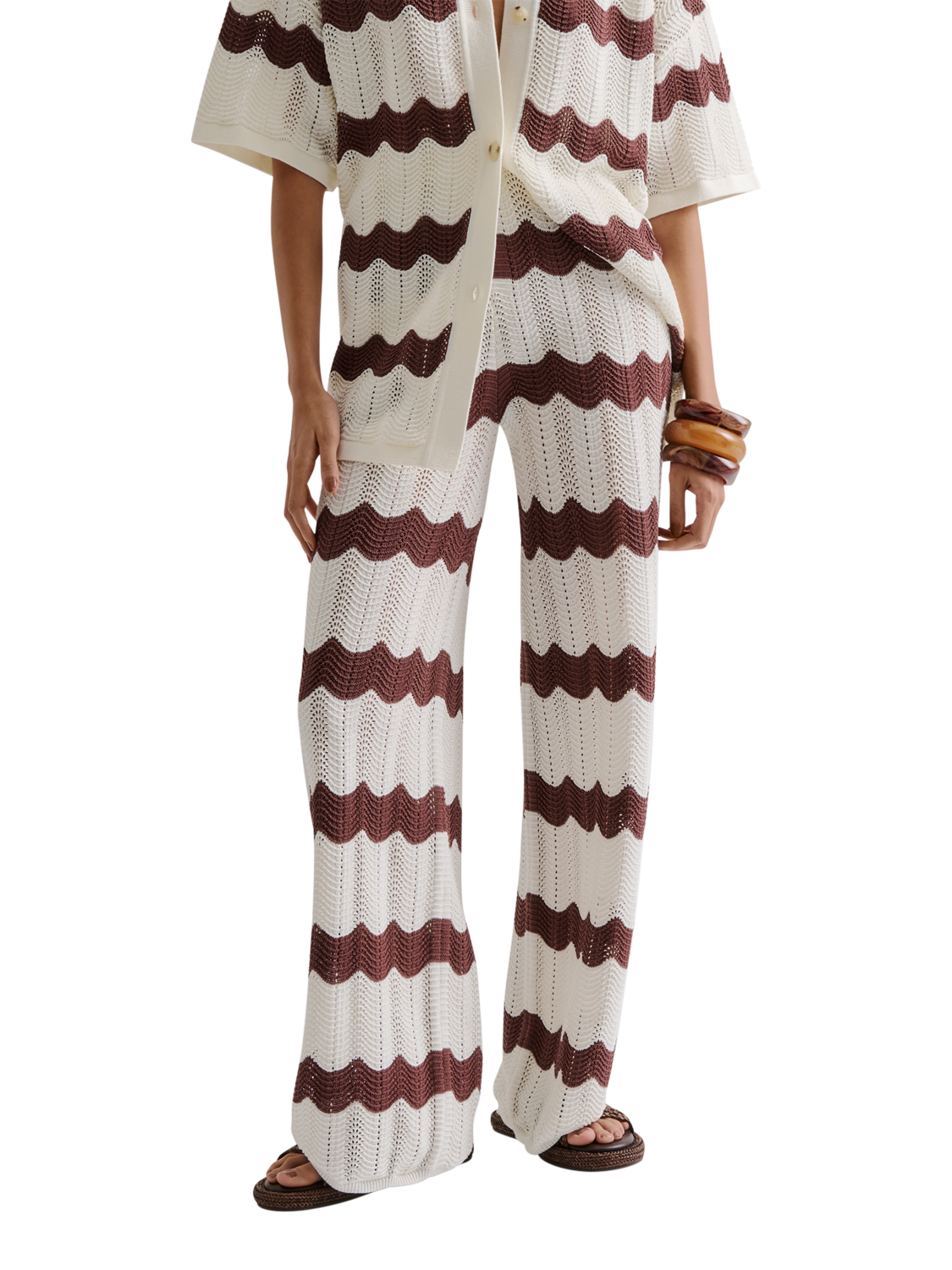 Product image 1 of 5, which shows Malina Keily Chevron Stripe Knit Trousers, Brown/White, XS