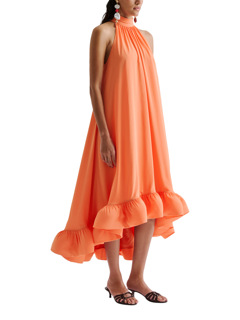 Product image 1 of 4, which shows Malina Sabrina Ruffle Hem Midi Dress, Papaya, XXS