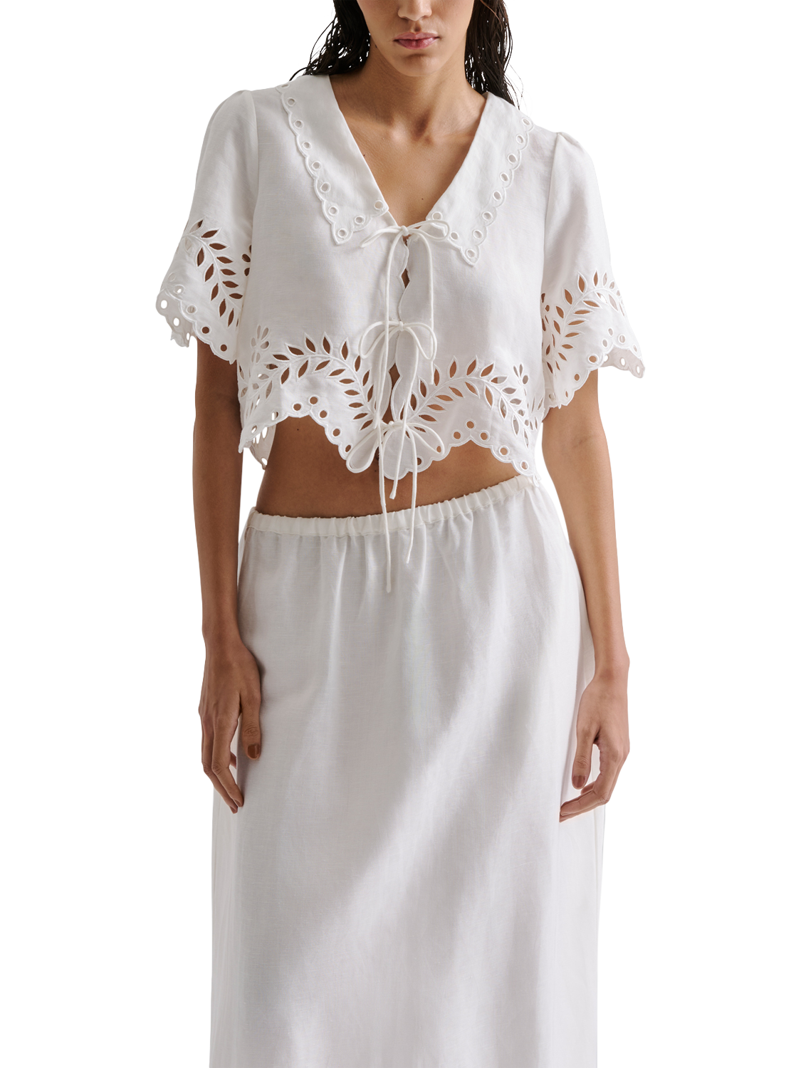 Product image 1 of 4, which shows Malina Estela Linen Rich Broderie Anglaise Top, White, 6